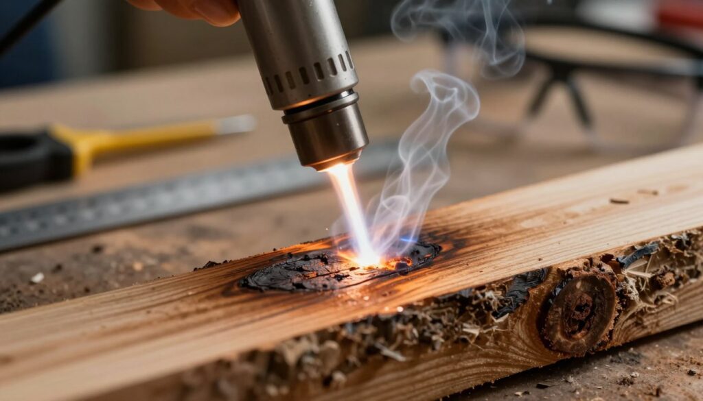 A focused view of a diode laser in action, burning a piece of wood. In the foreground, the diode laser's beam is clearly visible, casting a bright, concentrated light onto the wood surface, creating distinct burn marks. The wood is textured with a natural grain, showcasing the contrast between the dark charred areas and the lighter wood. In the middle ground, smoke gently wafts up from the burning area, adding a sense of movement and thermal energy. The background features a blurred workspace with tools like a ruler and safety goggles, enhancing the professional atmosphere. Soft, warm lighting simulates a workshop environment, and the composition is shot at a slight angle to emphasize the laser's effect on the wood. The mood conveys precision, focus, and the essence of craftsmanship. A focused view of a diode laser in action, burning a piece of wood. In the foreground, the diode laser's beam is clearly visible, casting a bright, concentrated light onto the wood surface, creating distinct burn marks. The wood is textured with a natural grain, showcasing the contrast between the dark charred areas and the lighter wood. In the middle ground, smoke gently wafts up from the burning area, adding a sense of movement and thermal energy. The background features a blurred workspace with tools like a ruler and safety goggles, enhancing the professional atmosphere. Soft, warm lighting simulates a workshop environment, and the composition is shot at a slight angle to emphasize the laser's effect on the wood. The mood conveys precision, focus, and the essence of craftsmanship.
