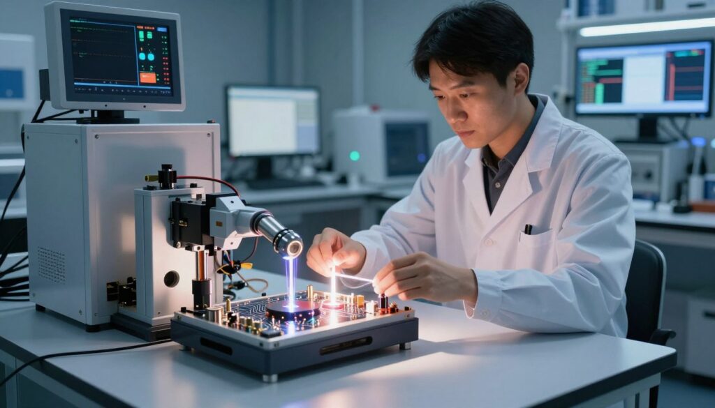 A high-tech laboratory setting showcasing advanced diode laser technology enhancements. In the foreground, an intricate diode laser module sits prominently on a sleek lab table, its components illuminated by soft, focused LED lighting, revealing detailed circuitry and sleek design. In the middle ground, a technician in a lab coat, focusing intently on adjusting the laser module, demonstrates a sense of professionalism and expertise. The background features modern equipment, with displays showing performance metrics and graphs, hinting at the evolution of laser technology. The atmosphere exudes innovation and precision, with a cool color palette of blues and whites, and sharp shadows accentuating the high-tech environment. The composition is shot from a slightly elevated angle, allowing for an impressive view of both the technician and the diode module in a dynamic, engaging manner. A high-tech laboratory setting showcasing advanced diode laser technology enhancements. In the foreground, an intricate diode laser module sits prominently on a sleek lab table, its components illuminated by soft, focused LED lighting, revealing detailed circuitry and sleek design. In the middle ground, a technician in a lab coat, focusing intently on adjusting the laser module, demonstrates a sense of professionalism and expertise. The background features modern equipment, with displays showing performance metrics and graphs, hinting at the evolution of laser technology. The atmosphere exudes innovation and precision, with a cool color palette of blues and whites, and sharp shadows accentuating the high-tech environment. The composition is shot from a slightly elevated angle, allowing for an impressive view of both the technician and the diode module in a dynamic, engaging manner.