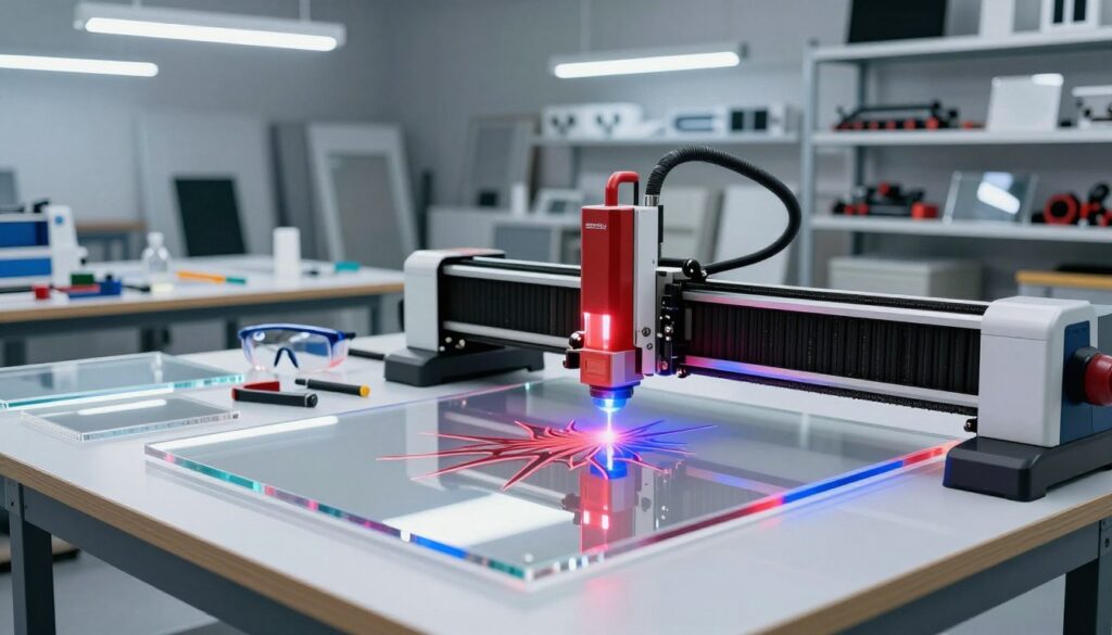 A high-tech workshop scene featuring a state-of-the-art CO2 laser cutting acrylic panels. In the foreground, focus on a sleek, modern laser cutting machine with bright red and blue laser beams precisely slicing through clear acrylic sheets, showcasing intricate cuts and patterns. The middle layer includes a workbench cluttered with various sizes of acrylic panels, measuring tools, and safety goggles. In the background, illuminated by bright white overhead lights, are shelves filled with completed acrylic products and laser cutting tools. The atmosphere is professional and focused, reflecting a blend of innovation and craftsmanship. The image should have a clean, sharp focus, with soft shadows creating depth, and a slight angle that gives a dynamic perspective of the cutting process. A high-tech workshop scene featuring a state-of-the-art CO2 laser cutting acrylic panels. In the foreground, focus on a sleek, modern laser cutting machine with bright red and blue laser beams precisely slicing through clear acrylic sheets, showcasing intricate cuts and patterns. The middle layer includes a workbench cluttered with various sizes of acrylic panels, measuring tools, and safety goggles. In the background, illuminated by bright white overhead lights, are shelves filled with completed acrylic products and laser cutting tools. The atmosphere is professional and focused, reflecting a blend of innovation and craftsmanship. The image should have a clean, sharp focus, with soft shadows creating depth, and a slight angle that gives a dynamic perspective of the cutting process.