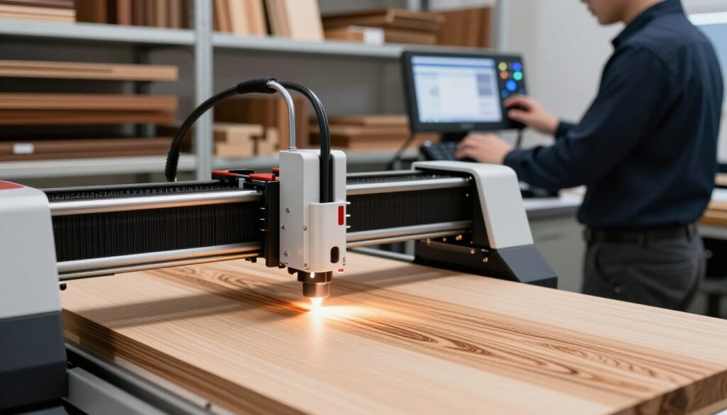 A high-tech workstation showcasing a laser engraving machine in action, focused on engraved wooden pieces with minimal charring marks. The foreground features a close-up view of the laser engraving process, capturing the sharp, precise beam of light as it interacts with the wood surface, illuminating the material's grain and texture. In the middle ground, a professional operator in a smart casual outfit skillfully adjusts the machine settings, with visible dials and screens displaying technical readouts. The background includes shelves lined with various wood types and laser engraver tools, bathed in soft, ambient lighting to create a focused, productive atmosphere. The overall mood is one of innovation and precision, emphasizing the importance of adjusting laser settings for optimal results. A high-tech workstation showcasing a laser engraving machine in action, focused on engraved wooden pieces with minimal charring marks. The foreground features a close-up view of the laser engraving process, capturing the sharp, precise beam of light as it interacts with the wood surface, illuminating the material's grain and texture. In the middle ground, a professional operator in a smart casual outfit skillfully adjusts the machine settings, with visible dials and screens displaying technical readouts. The background includes shelves lined with various wood types and laser engraver tools, bathed in soft, ambient lighting to create a focused, productive atmosphere. The overall mood is one of innovation and precision, emphasizing the importance of adjusting laser settings for optimal results.