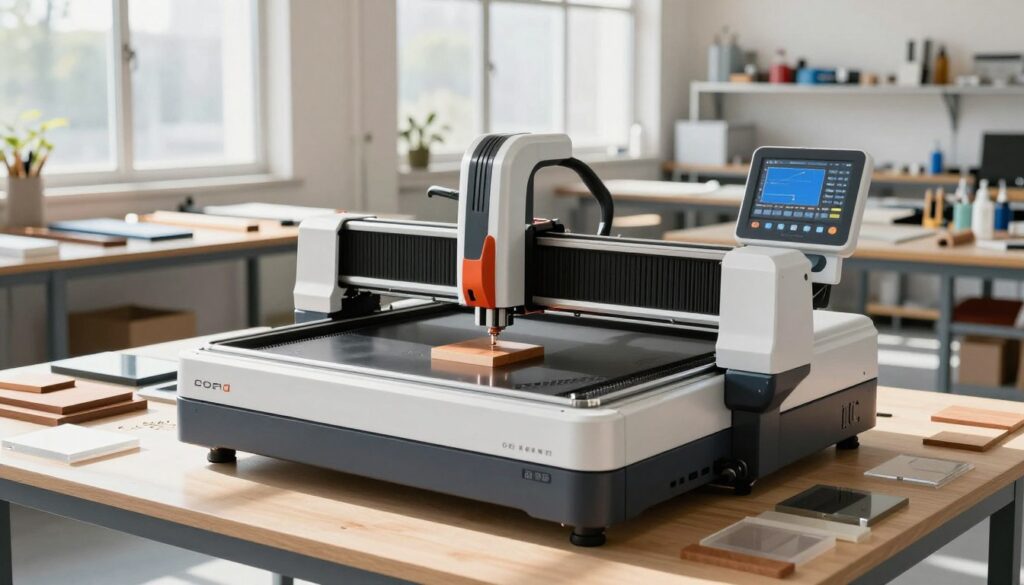 A highly detailed and modern fiber laser engraving machine prominently displayed in a bright workshop environment. In the foreground, the machine showcases its sleek design with a high-tech control panel and intricate detailing. The middle ground reveals a workbench scattered with various engraved materials like wood, acrylic, and metal, highlighting versatility. Natural light streams through large windows, casting dynamic shadows and creating a vibrant atmosphere filled with creativity and productivity. In the background, a neatly organized area is visible, featuring tools and supplies essential for an engraving business. The overall mood is one of professionalism and innovation, suggesting the insightful integration of advanced technology into small business workflows, with an emphasis on clarity and efficiency. A highly detailed and modern fiber laser engraving machine prominently displayed in a bright workshop environment. In the foreground, the machine showcases its sleek design with a high-tech control panel and intricate detailing. The middle ground reveals a workbench scattered with various engraved materials like wood, acrylic, and metal, highlighting versatility. Natural light streams through large windows, casting dynamic shadows and creating a vibrant atmosphere filled with creativity and productivity. In the background, a neatly organized area is visible, featuring tools and supplies essential for an engraving business. The overall mood is one of professionalism and innovation, suggesting the insightful integration of advanced technology into small business workflows, with an emphasis on clarity and efficiency.