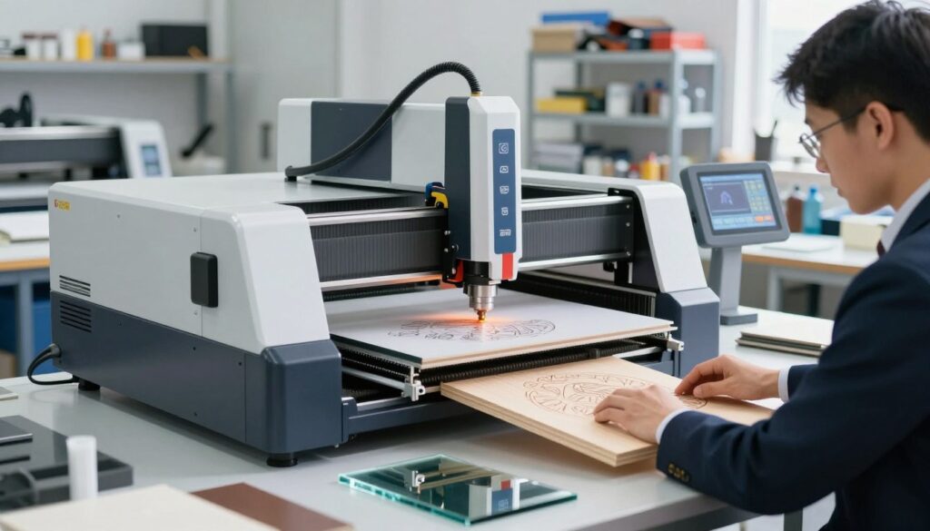 A modern fiber laser engraving machine, prominently displayed in a well-lit workshop environment. The machine features a sleek, metallic design with a user-friendly control panel, showcasing its advanced technology. In the foreground, an operator in professional business attire is intently working on a piece of wood, revealing precision engraving of intricate designs. The middle of the image includes various materials ready for engraving, such as metal, glass, and acrylic, emphasizing the versatility of fiber laser technology. The background reveals shelves stocked with tools and supplies, conveying a bustling and organized workspace. The lighting is bright yet soft, highlighting the details of the machine and creating an atmosphere of innovation and craftsmanship, inviting viewers to consider the advantages of fiber laser technology over alternatives. A modern fiber laser engraving machine, prominently displayed in a well-lit workshop environment. The machine features a sleek, metallic design with a user-friendly control panel, showcasing its advanced technology. In the foreground, an operator in professional business attire is intently working on a piece of wood, revealing precision engraving of intricate designs. The middle of the image includes various materials ready for engraving, such as metal, glass, and acrylic, emphasizing the versatility of fiber laser technology. The background reveals shelves stocked with tools and supplies, conveying a bustling and organized workspace. The lighting is bright yet soft, highlighting the details of the machine and creating an atmosphere of innovation and craftsmanship, inviting viewers to consider the advantages of fiber laser technology over alternatives.