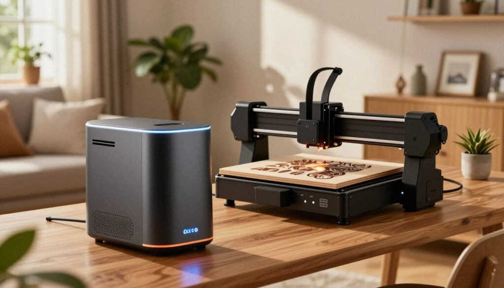A modern home apartment setting showcasing the best smoke purifier designed for laser engravers. In the foreground, a sleek, stylish smoke purifier sits on a wooden desk, with soft LED lights highlighting its contours. The middle ground features a compact laser engraver, effortlessly integrating into the workspace, with detailed wood and metal engravings visible on a project. The background reveals a cozy living area with indoor plants and tastefully arranged decor, providing a homey atmosphere. Natural sunlight filters through a nearby window, casting warm, inviting light across the scene. The overall mood is one of innovation and comfort, perfect for home crafting enthusiasts. A modern home apartment setting showcasing the best smoke purifier designed for laser engravers. In the foreground, a sleek, stylish smoke purifier sits on a wooden desk, with soft LED lights highlighting its contours. The middle ground features a compact laser engraver, effortlessly integrating into the workspace, with detailed wood and metal engravings visible on a project. The background reveals a cozy living area with indoor plants and tastefully arranged decor, providing a homey atmosphere. Natural sunlight filters through a nearby window, casting warm, inviting light across the scene. The overall mood is one of innovation and comfort, perfect for home crafting enthusiasts.