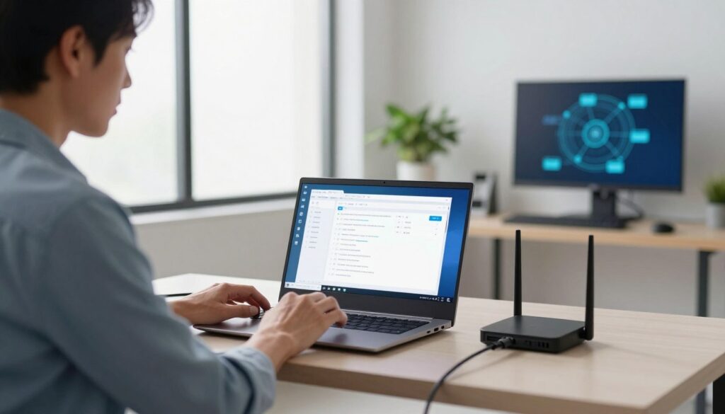 A modern home office setting depicting a focused professional troubleshooting connectivity issues on a Windows 11 computer. In the foreground, a person dressed in smart casual attire sits at a sleek desk, intently examining a laptop screen displaying network settings. Tools like a network cable and a router are visible. The middle ground features a large window allowing soft, natural light to illuminate the space, enhancing the atmosphere of productivity and calm. In the background, minimalistic decor, including a potted plant and a wall-mounted monitor showing a connectivity diagram, adds depth. The image reflects a determined and problem-solving mood, capturing the essence of resolving technical issues effectively.