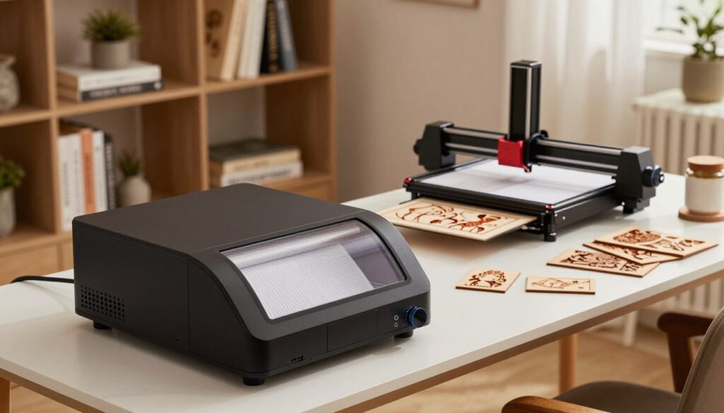 A modern home office setup featuring a sleek, efficient smoke extractor designed for laser engraving. In the foreground, Showcase the smoke extractor with a matte black finish, featuring a clear filter section that displays the filtration system. In the middle ground, a well-organized workspace with a laser engraver on a sturdy desk, accented by scattered wooden engravings. Soft ambient lighting enhances the atmosphere, highlighting the clean lines of the smoke extractor. In the background, a stylish bookshelf filled with design books and decorative plants creates a cozy, professional vibe. The angle is slightly elevated, allowing a clear view of both the smoke extractor and the laser engraver, emphasizing the connection between the two. The scene conveys a sense of efficiency and creativity, ideal for a step-by-step installation guide. A modern home office setup featuring a sleek, efficient smoke extractor designed for laser engraving. In the foreground, Showcase the smoke extractor with a matte black finish, featuring a clear filter section that displays the filtration system. In the middle ground, a well-organized workspace with a laser engraver on a sturdy desk, accented by scattered wooden engravings. Soft ambient lighting enhances the atmosphere, highlighting the clean lines of the smoke extractor. In the background, a stylish bookshelf filled with design books and decorative plants creates a cozy, professional vibe. The angle is slightly elevated, allowing a clear view of both the smoke extractor and the laser engraver, emphasizing the connection between the two. The scene conveys a sense of efficiency and creativity, ideal for a step-by-step installation guide.