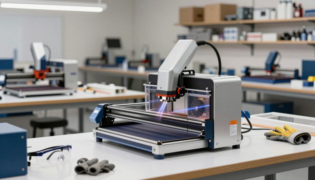 A modern laser fume extractor setup in a bright, well-organized workshop. In the foreground, a sleek, metallic fume extractor with a transparent collection box, showcasing its internal components like filters and fans. The middle ground features a workbench cluttered with laser cutting tools and materials, alongside safety goggles and gloves, emphasizing a professional atmosphere. The background reveals shelves filled with additional equipment and supplies, bathed in soft, even lighting from overhead fixtures, creating an inviting workspace. The scene captures a sense of dedication and technology in action, with a slight focus on the extractor, using a wide-angle lens to enhance depth. A modern laser fume extractor setup in a bright, well-organized workshop. In the foreground, a sleek, metallic fume extractor with a transparent collection box, showcasing its internal components like filters and fans. The middle ground features a workbench cluttered with laser cutting tools and materials, alongside safety goggles and gloves, emphasizing a professional atmosphere. The background reveals shelves filled with additional equipment and supplies, bathed in soft, even lighting from overhead fixtures, creating an inviting workspace. The scene captures a sense of dedication and technology in action, with a slight focus on the extractor, using a wide-angle lens to enhance depth.