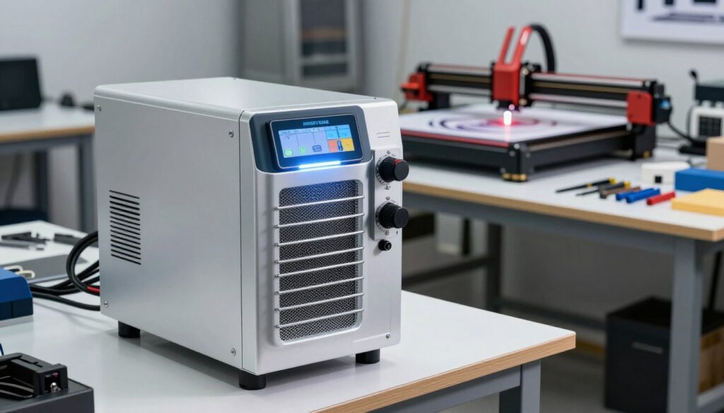 A modern water chiller designed for a forty-watt CO2 laser engraving machine, positioned in a well-lit workshop environment. In the foreground, the sleek, metallic body of the chiller gleams under bright LED lighting, showcasing control knobs and tubing connected to the laser engraver. The middle ground features a sturdy workbench cluttered with engraving tools and materials, while a compact and organized setup for the chiller emphasizes its functionality. In the background, hints of laser engraving projects are visible, with subtle streaks of light illuminating the workspace. The focus captures the precision and practicality of the water chiller, instilling a sense of professionalism and innovation in the atmosphere. The perspective is slightly angled to give depth and dimension to the scene. A modern water chiller designed for a forty-watt CO2 laser engraving machine, positioned in a well-lit workshop environment. In the foreground, the sleek, metallic body of the chiller gleams under bright LED lighting, showcasing control knobs and tubing connected to the laser engraver. The middle ground features a sturdy workbench cluttered with engraving tools and materials, while a compact and organized setup for the chiller emphasizes its functionality. In the background, hints of laser engraving projects are visible, with subtle streaks of light illuminating the workspace. The focus captures the precision and practicality of the water chiller, instilling a sense of professionalism and innovation in the atmosphere. The perspective is slightly angled to give depth and dimension to the scene.