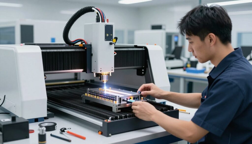 A modern workshop environment showcasing the installation of a high-power diode laser module on a CNC machine. In the foreground, a technician in professional business attire carefully mounts the sleek, metallic laser module, its lens gleaming under focused LED lights. Tools and components are neatly organized on a workbench beside them. The midground features the CNC machine with intricate systems exposed, highlighting the advanced technology and wiring of the laser setup. The background reveals additional machines and a clean, organized workspace with bright, ample lighting that enhances the atmosphere of precision and innovation. The overall mood is one of professionalism and technical expertise, emphasizing the cutting-edge upgrades available in laser cutting technology. A modern workshop environment showcasing the installation of a high-power diode laser module on a CNC machine. In the foreground, a technician in professional business attire carefully mounts the sleek, metallic laser module, its lens gleaming under focused LED lights. Tools and components are neatly organized on a workbench beside them. The midground features the CNC machine with intricate systems exposed, highlighting the advanced technology and wiring of the laser setup. The background reveals additional machines and a clean, organized workspace with bright, ample lighting that enhances the atmosphere of precision and innovation. The overall mood is one of professionalism and technical expertise, emphasizing the cutting-edge upgrades available in laser cutting technology.