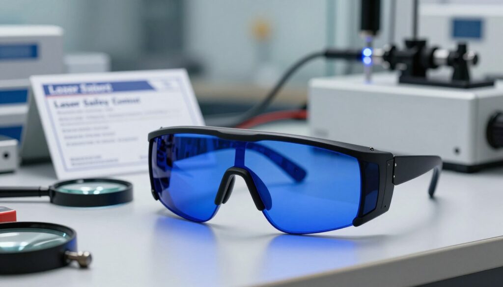 A pair of high-quality protective eyewear designed specifically for blue lasers, featuring a sleek, modern design with a durable frame and tinted lenses that appear deep blue to block harmful wavelengths. The eyewear is positioned prominently in the foreground on a workbench cluttered with laser equipment, showcasing its importance in a safety context. The middle ground includes an assortment of verification tools like a laser safety certification card and magnifying glass, indicating authenticity checks. The background is softly blurred, displaying a professional workshop illuminated by bright, even lighting to enhance the clarity and color of the eyewear. The mood is focused and serious, emphasizing the critical role of safety gear in laser use. A pair of high-quality protective eyewear designed specifically for blue lasers, featuring a sleek, modern design with a durable frame and tinted lenses that appear deep blue to block harmful wavelengths. The eyewear is positioned prominently in the foreground on a workbench cluttered with laser equipment, showcasing its importance in a safety context. The middle ground includes an assortment of verification tools like a laser safety certification card and magnifying glass, indicating authenticity checks. The background is softly blurred, displaying a professional workshop illuminated by bright, even lighting to enhance the clarity and color of the eyewear. The mood is focused and serious, emphasizing the critical role of safety gear in laser use.