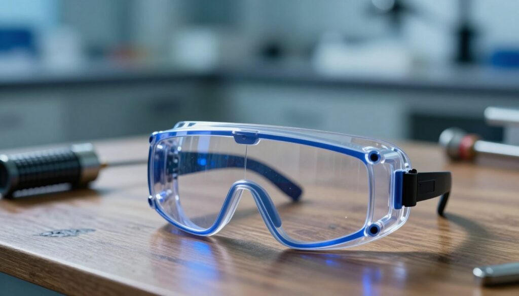 A pair of inexpensive laser safety goggles prominently displayed in the foreground, featuring a sleek design with a transparent lens that reflects a faint blue hue, symbolizing their compatibility with blue diode lasers. The goggles should be shown resting on a rustic wooden table, emphasizing their budget-friendly aspect. In the middle ground, include blurred outlines of safety equipment, such as a laser pointer and workplace tools, subtly suggesting a workshop environment. The background should depict a softly lit laboratory with cool blue lighting, creating a focused atmosphere ideal for laser work. The overall mood should be educational and professional, ensuring the goggles are the focal point of the image while conveying a message of caution and safety. A pair of inexpensive laser safety goggles prominently displayed in the foreground, featuring a sleek design with a transparent lens that reflects a faint blue hue, symbolizing their compatibility with blue diode lasers. The goggles should be shown resting on a rustic wooden table, emphasizing their budget-friendly aspect. In the middle ground, include blurred outlines of safety equipment, such as a laser pointer and workplace tools, subtly suggesting a workshop environment. The background should depict a softly lit laboratory with cool blue lighting, creating a focused atmosphere ideal for laser work. The overall mood should be educational and professional, ensuring the goggles are the focal point of the image while conveying a message of caution and safety.