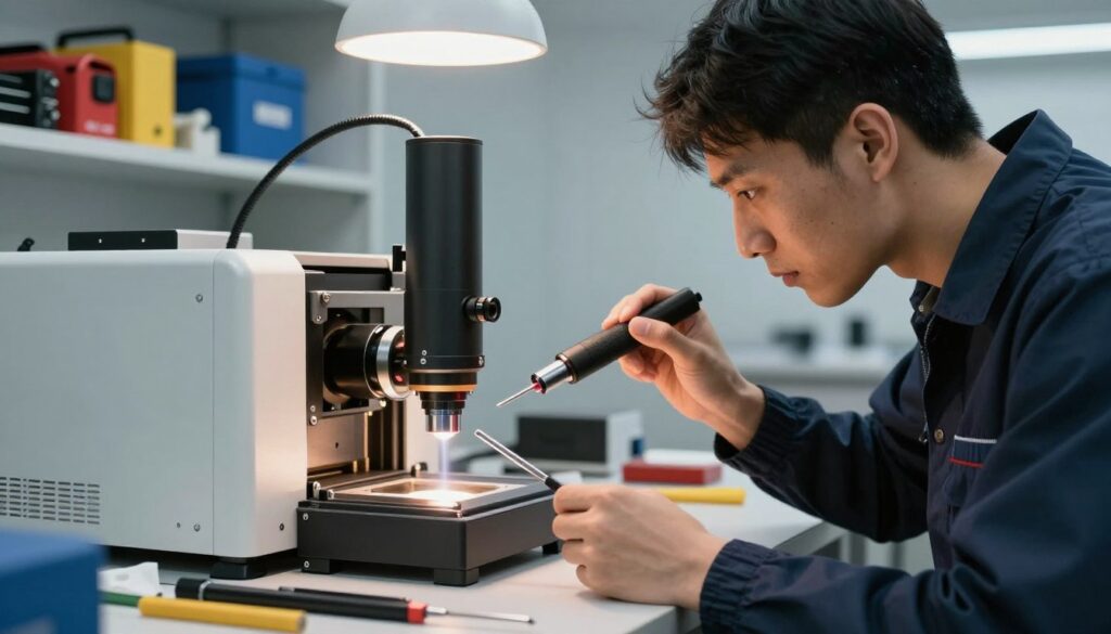 A skilled technician adjusts the focal point of a CO2 laser on a detailed optical device. In the foreground, the technician, dressed in a professional attire, leans forward with a focused expression, holding a precision lens in one hand and a measuring tool in the other. The middle ground features the laser machine with visible components, including a lens and mirrors, illuminating a workspace filled with tools and materials. Soft overhead lighting casts gentle shadows, enhancing the meticulous nature of the task. The background shows shelves neatly organized with laser cutting materials and safety equipment, creating a professional and clean atmosphere. The overall mood conveys concentration and precision required for accurate laser focusing techniques. A skilled technician adjusts the focal point of a CO2 laser on a detailed optical device. In the foreground, the technician, dressed in a professional attire, leans forward with a focused expression, holding a precision lens in one hand and a measuring tool in the other. The middle ground features the laser machine with visible components, including a lens and mirrors, illuminating a workspace filled with tools and materials. Soft overhead lighting casts gentle shadows, enhancing the meticulous nature of the task. The background shows shelves neatly organized with laser cutting materials and safety equipment, creating a professional and clean atmosphere. The overall mood conveys concentration and precision required for accurate laser focusing techniques.