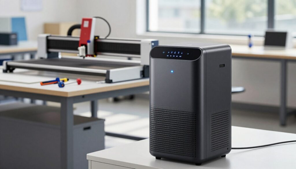 A sleek, modern desktop air purifier designed specifically for laser cutting environments, positioned prominently in the foreground. The purifier features a streamlined design, with a matte black finish and LED indicators to signify its operation. In the midground, a tidy workstation is visible, showcasing a laser cutter surrounded by tools and material remnants, all neatly organized. The background is softly blurred, suggesting a well-lit workshop filled with natural light streaming through a large window, casting gentle shadows. The atmosphere conveys a sense of professionalism and cleanliness, ideal for maintaining optimal air quality. The scene is captured from a slightly elevated angle, providing a comprehensive view of the setup, highlighting the importance of air purification in maintaining a safe workspace. A sleek, modern desktop air purifier designed specifically for laser cutting environments, positioned prominently in the foreground. The purifier features a streamlined design, with a matte black finish and LED indicators to signify its operation. In the midground, a tidy workstation is visible, showcasing a laser cutter surrounded by tools and material remnants, all neatly organized. The background is softly blurred, suggesting a well-lit workshop filled with natural light streaming through a large window, casting gentle shadows. The atmosphere conveys a sense of professionalism and cleanliness, ideal for maintaining optimal air quality. The scene is captured from a slightly elevated angle, providing a comprehensive view of the setup, highlighting the importance of air purification in maintaining a safe workspace.