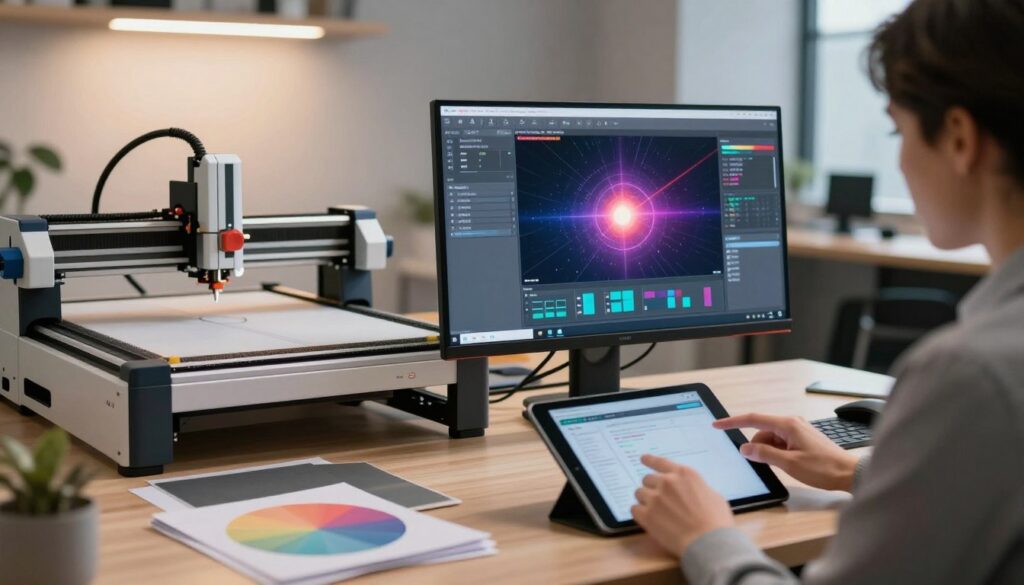 A sleek, modern workspace featuring a computer monitor displaying a detailed laser cutting software interface, showcasing vibrant graphics and design elements. In the foreground, a user dressed in professional business attire interacts with the software using a tablet, demonstrating a focused and productive workflow. The middle ground includes a well-organized workbench with laser cutting machinery and sheets of various materials ready for processing. The background is softly lit with overhead lights, casting a warm glow over the entire scene, evoking a mood of innovation and creativity. The image captures an atmosphere of efficient technology, emphasizing the potential for beginners to successfully set up their laser cutting projects with confidence. A sleek, modern workspace featuring a computer monitor displaying a detailed laser cutting software interface, showcasing vibrant graphics and design elements. In the foreground, a user dressed in professional business attire interacts with the software using a tablet, demonstrating a focused and productive workflow. The middle ground includes a well-organized workbench with laser cutting machinery and sheets of various materials ready for processing. The background is softly lit with overhead lights, casting a warm glow over the entire scene, evoking a mood of innovation and creativity. The image captures an atmosphere of efficient technology, emphasizing the potential for beginners to successfully set up their laser cutting projects with confidence.