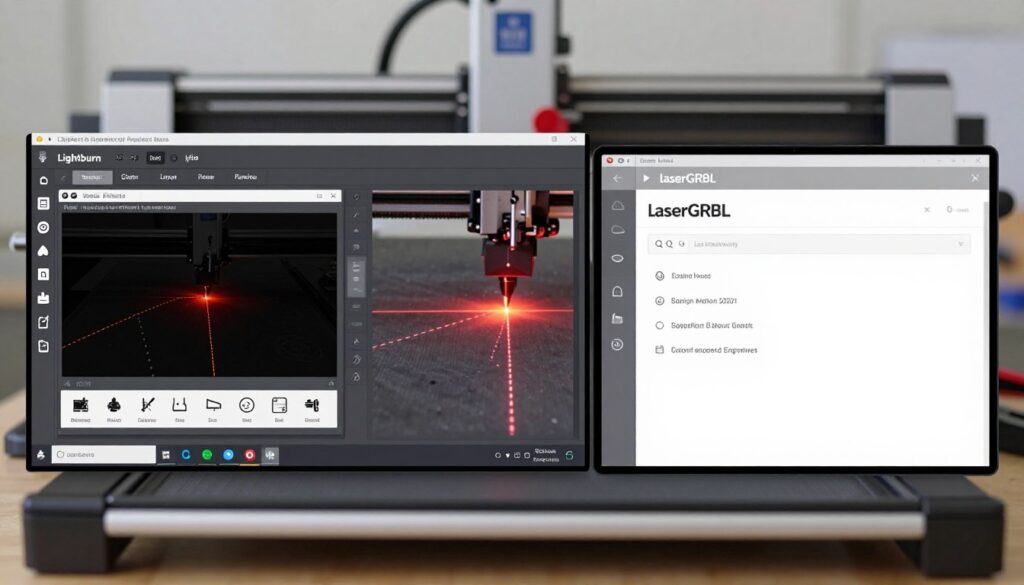 A split-screen image comparing two software interfaces: on the left, Lightburn, depicted with a sleek, modern user interface showcasing features like design tools and a laser preview; on the right, LaserGRBL, illustrated with a simpler, more utilitarian layout emphasizing basic engraving options. The foreground features icons and toolbars from both applications, visually distinct in style. In the middle ground, include a subtle graphical representation of laser paths traced over a material, highlighting each software’s capabilities. The background should be a softly blurred workshop setting with laser cutting machines, enhancing the technical atmosphere. Bright, diffused lighting creates a professional and focused mood, perfect for illustrating the comparison of these two software options for beginners. A split-screen image comparing two software interfaces: on the left, Lightburn, depicted with a sleek, modern user interface showcasing features like design tools and a laser preview; on the right, LaserGRBL, illustrated with a simpler, more utilitarian layout emphasizing basic engraving options. The foreground features icons and toolbars from both applications, visually distinct in style. In the middle ground, include a subtle graphical representation of laser paths traced over a material, highlighting each software’s capabilities. The background should be a softly blurred workshop setting with laser cutting machines, enhancing the technical atmosphere. Bright, diffused lighting creates a professional and focused mood, perfect for illustrating the comparison of these two software options for beginners.