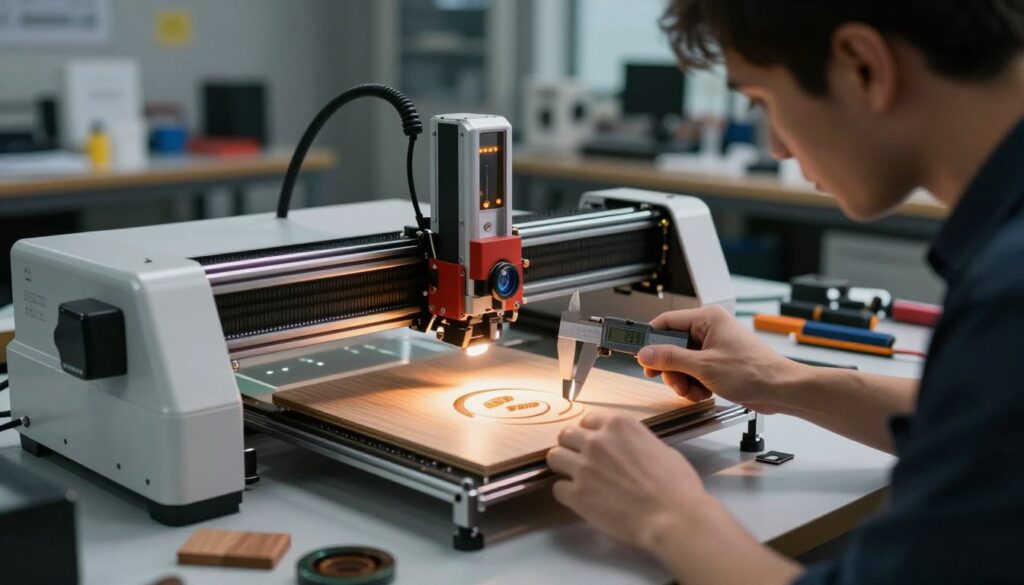A technician in a modern workshop, intensely focused on troubleshooting a laser engraving machine. In the foreground, close-up of the technician inspecting the beam alignments with a digital caliper, showcasing their meticulous attention to detail. In the middle, the laser engraving machine is prominently featured, with visible components like mirrors and lenses reflecting soft, warm lighting that illuminates the scene. Various engraved test materials, including wood and acrylic, are scattered on the workbench, some showing distorted circles. The background reveals a spacious workshop, dimly lit to emphasize the work area, with tools and equipment organized neatly. The atmosphere conveys a sense of determination and technical expertise, highlighting the complexity of advanced hardware troubleshooting. A technician in a modern workshop, intensely focused on troubleshooting a laser engraving machine. In the foreground, close-up of the technician inspecting the beam alignments with a digital caliper, showcasing their meticulous attention to detail. In the middle, the laser engraving machine is prominently featured, with visible components like mirrors and lenses reflecting soft, warm lighting that illuminates the scene. Various engraved test materials, including wood and acrylic, are scattered on the workbench, some showing distorted circles. The background reveals a spacious workshop, dimly lit to emphasize the work area, with tools and equipment organized neatly. The atmosphere conveys a sense of determination and technical expertise, highlighting the complexity of advanced hardware troubleshooting.