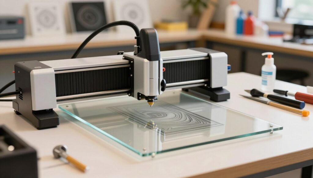A well-equipped laser engraving workstation, showcasing a sleek and modern laser engraver focused on acrylic. In the foreground, emphasize the machine with its precision lens and intricate detailing, illustrating the clarity of its engravings. The middle ground features a close-up of beautifully engraved acrylic pieces that demonstrate sharp lines and crisp details, reflecting the quality achievable through proper maintenance. In the background, a well-organized workspace with tools, cleaning supplies, and engraved samples can be seen, enhancing the professional atmosphere. Soft, warm lighting illuminates the scene, highlighting the textures of the acrylic and the gleaming surfaces of the tools, creating an inviting and focused environment that exudes craftsmanship and professionalism. A well-equipped laser engraving workstation, showcasing a sleek and modern laser engraver focused on acrylic. In the foreground, emphasize the machine with its precision lens and intricate detailing, illustrating the clarity of its engravings. The middle ground features a close-up of beautifully engraved acrylic pieces that demonstrate sharp lines and crisp details, reflecting the quality achievable through proper maintenance. In the background, a well-organized workspace with tools, cleaning supplies, and engraved samples can be seen, enhancing the professional atmosphere. Soft, warm lighting illuminates the scene, highlighting the textures of the acrylic and the gleaming surfaces of the tools, creating an inviting and focused environment that exudes craftsmanship and professionalism.