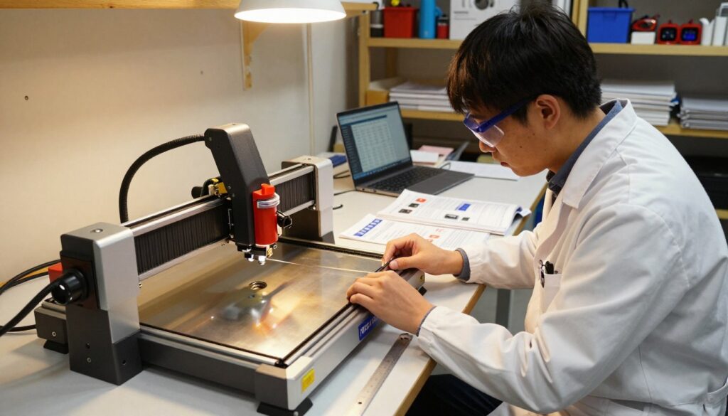 A well-lit workshop scene depicting a person wearing a lab coat and safety goggles, kneeling beside a laser cutter. The foreground features the laser cutter with its cover open, displaying intricate components like the lens and mirrors. The technician is inspecting the alignment of the laser beam to ensure proper focus, with tools like a wrench and a ruler nearby. In the middle ground, various technical manuals and troubleshooting guides are scattered on a workbench, along with a laptop showing a diagnostic interface. The background shows workshop shelves filled with safety equipment and materials for cutting, illuminated with warm overhead lights. The atmosphere is focused and methodical, suggesting a technical problem being carefully addressed.
