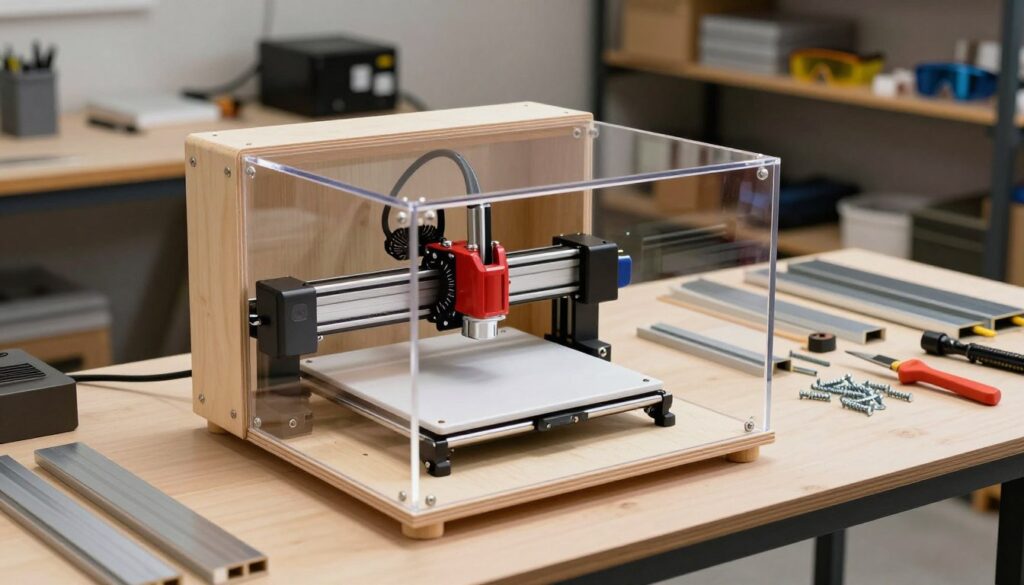 A well-lit workshop scene showcasing a portable laser engraver enclosure made of durable acrylic and plywood. In the foreground, the enclosure is open, revealing the intricate interior with a laser engraver and an exhaust fan. The middle ground features various materials like aluminum strips, screws, and tools for assembly, arranged neatly. The background displays shelves with additional DIY supplies and safety goggles. Soft overhead lighting highlights the craftsmanship and materials, creating a focused yet inviting atmosphere. The angle is slightly elevated to capture the depth of the workspace. The composition conveys a sense of innovation and professionalism, emphasizing the theme of selecting the right materials for an effective DIY enclosure. A well-lit workshop scene showcasing a portable laser engraver enclosure made of durable acrylic and plywood. In the foreground, the enclosure is open, revealing the intricate interior with a laser engraver and an exhaust fan. The middle ground features various materials like aluminum strips, screws, and tools for assembly, arranged neatly. The background displays shelves with additional DIY supplies and safety goggles. Soft overhead lighting highlights the craftsmanship and materials, creating a focused yet inviting atmosphere. The angle is slightly elevated to capture the depth of the workspace. The composition conveys a sense of innovation and professionalism, emphasizing the theme of selecting the right materials for an effective DIY enclosure.