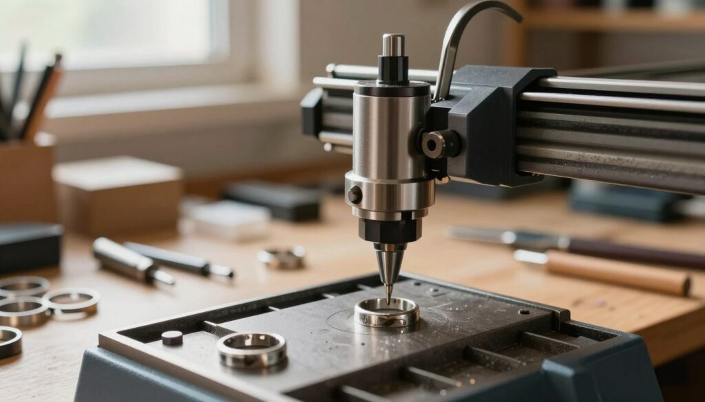 A well-lit workshop setting featuring a rotary chuck attachment prominently displayed on a precision engraving machine. The foreground focuses on the rotary chuck itself, showcasing its detailed mechanics, adjustable arms, and compatibility with various ring sizes. In the middle ground, include tools such as engraving bits and a variety of ring bands ready for customization. The background features a clutter-free workbench with soft, natural light pouring in from a nearby window, giving a warm, inviting atmosphere. The scene should evoke a sense of professionalism and craftsmanship, highlighting the importance of the rotary chuck in achieving optimal engraving results. The camera angle is slightly elevated, providing a clear, comprehensive view of the rotary chuck attachment in action. A well-lit workshop setting featuring a rotary chuck attachment prominently displayed on a precision engraving machine. The foreground focuses on the rotary chuck itself, showcasing its detailed mechanics, adjustable arms, and compatibility with various ring sizes. In the middle ground, include tools such as engraving bits and a variety of ring bands ready for customization. The background features a clutter-free workbench with soft, natural light pouring in from a nearby window, giving a warm, inviting atmosphere. The scene should evoke a sense of professionalism and craftsmanship, highlighting the importance of the rotary chuck in achieving optimal engraving results. The camera angle is slightly elevated, providing a clear, comprehensive view of the rotary chuck attachment in action.