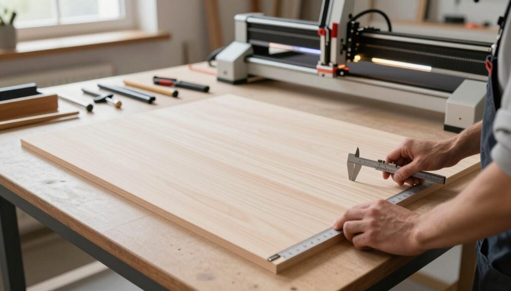 A well-lit workshop setting, focused on a clean, smooth Baltic birch plywood sheet lying flat on a workbench, ready for laser cutting. In the foreground, a skilled craftsman in professional attire is meticulously measuring the plywood with a caliper, ensuring precision. The middle layer showcases various tools organized neatly around the workspace, including a laser cutting machine in the background with its illuminated cutting area, hinting at an active project. Soft natural light streams in from a window, creating an inviting, productive atmosphere. Subtle shadows add depth to the scene, emphasizing the rich texture of the plywood and meticulous preparation, symbolizing optimal laser performance and craftsmanship. A well-lit workshop setting, focused on a clean, smooth Baltic birch plywood sheet lying flat on a workbench, ready for laser cutting. In the foreground, a skilled craftsman in professional attire is meticulously measuring the plywood with a caliper, ensuring precision. The middle layer showcases various tools organized neatly around the workspace, including a laser cutting machine in the background with its illuminated cutting area, hinting at an active project. Soft natural light streams in from a window, creating an inviting, productive atmosphere. Subtle shadows add depth to the scene, emphasizing the rich texture of the plywood and meticulous preparation, symbolizing optimal laser performance and craftsmanship.