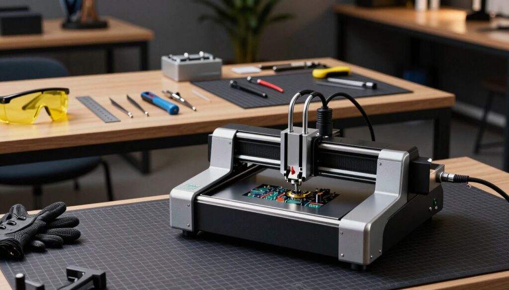 A well-organized workspace featuring a desktop laser machine in the foreground, showcasing various accessories essential for setup and operation. The laser machine contrasts sleek metallic surfaces with intricate circuits visible inside. Surrounding it, there's a honeycomb working table with precise grid patterns, displaying safety equipment like goggles and gloves. The middle layer includes neatly arranged tools such as a ruler, tweezers, and cutting mats, emphasizing a productivity-focused environment. In the background, dim ambient lighting highlights the workspace, with soft shadows enhancing the modern aesthetic. The overall atmosphere is calm and professional, inviting the viewer to envision their own efficient laser engraving or cutting process. The scene captures the essence of preparation, functionality, and innovation. A well-organized workspace featuring a desktop laser machine in the foreground, showcasing various accessories essential for setup and operation. The laser machine contrasts sleek metallic surfaces with intricate circuits visible inside. Surrounding it, there's a honeycomb working table with precise grid patterns, displaying safety equipment like goggles and gloves. The middle layer includes neatly arranged tools such as a ruler, tweezers, and cutting mats, emphasizing a productivity-focused environment. In the background, dim ambient lighting highlights the workspace, with soft shadows enhancing the modern aesthetic. The overall atmosphere is calm and professional, inviting the viewer to envision their own efficient laser engraving or cutting process. The scene captures the essence of preparation, functionality, and innovation.