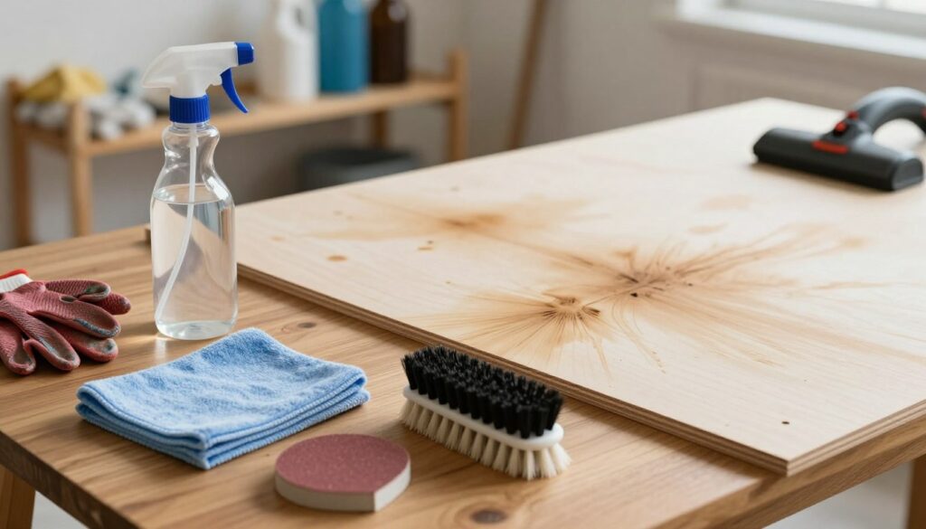 A well-organized workspace featuring essential tools and supplies for cleaning smoke stains from laser-cut plywood. In the foreground, a set of cleaning materials including a spray bottle with a natural cleaning solution, a microfiber cloth, fine sandpaper, and a soft brush arranged neatly on a wooden table. In the middle, a large piece of laser-cut plywood showing visible smoke stains, illuminated with soft, diffused natural light to highlight the texture and imperfections. The background should subtly display a shelf with additional supplies like gloves and a vacuum, enhancing the cleaning atmosphere. The overall mood is practical and focused, conveying a sense of DIY enthusiasm and craftsmanship in home improvement. A well-organized workspace featuring essential tools and supplies for cleaning smoke stains from laser-cut plywood. In the foreground, a set of cleaning materials including a spray bottle with a natural cleaning solution, a microfiber cloth, fine sandpaper, and a soft brush arranged neatly on a wooden table. In the middle, a large piece of laser-cut plywood showing visible smoke stains, illuminated with soft, diffused natural light to highlight the texture and imperfections. The background should subtly display a shelf with additional supplies like gloves and a vacuum, enhancing the cleaning atmosphere. The overall mood is practical and focused, conveying a sense of DIY enthusiasm and craftsmanship in home improvement.
