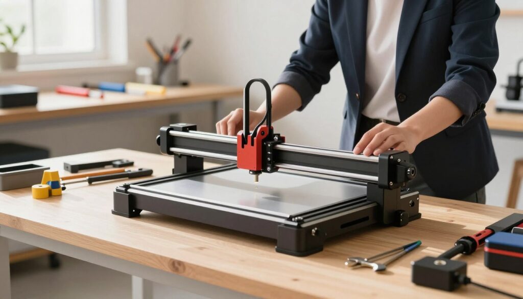 A well-organized workspace showcasing a portable laser engraver frame being aligned on a sturdy workbench. In the foreground, focus on the frame itself – sleek, modern design with adjustable parts and calibration tools laid out neatly. The middle ground features a person in professional business attire carefully aligning the frame, their hands gently adjusting the components. The background displays a bright, well-lit workshop with tools and materials organized on shelves. Soft, natural light streams through a nearby window, creating a warm, inviting atmosphere. The camera angle is slightly tilted to give depth, emphasizing both the intricate details of the engraver and the focused concentration of the individual, capturing a moment of preparation and precision in a creative environment. A well-organized workspace showcasing a portable laser engraver frame being aligned on a sturdy workbench. In the foreground, focus on the frame itself – sleek, modern design with adjustable parts and calibration tools laid out neatly. The middle ground features a person in professional business attire carefully aligning the frame, their hands gently adjusting the components. The background displays a bright, well-lit workshop with tools and materials organized on shelves. Soft, natural light streams through a nearby window, creating a warm, inviting atmosphere. The camera angle is slightly tilted to give depth, emphasizing both the intricate details of the engraver and the focused concentration of the individual, capturing a moment of preparation and precision in a creative environment.