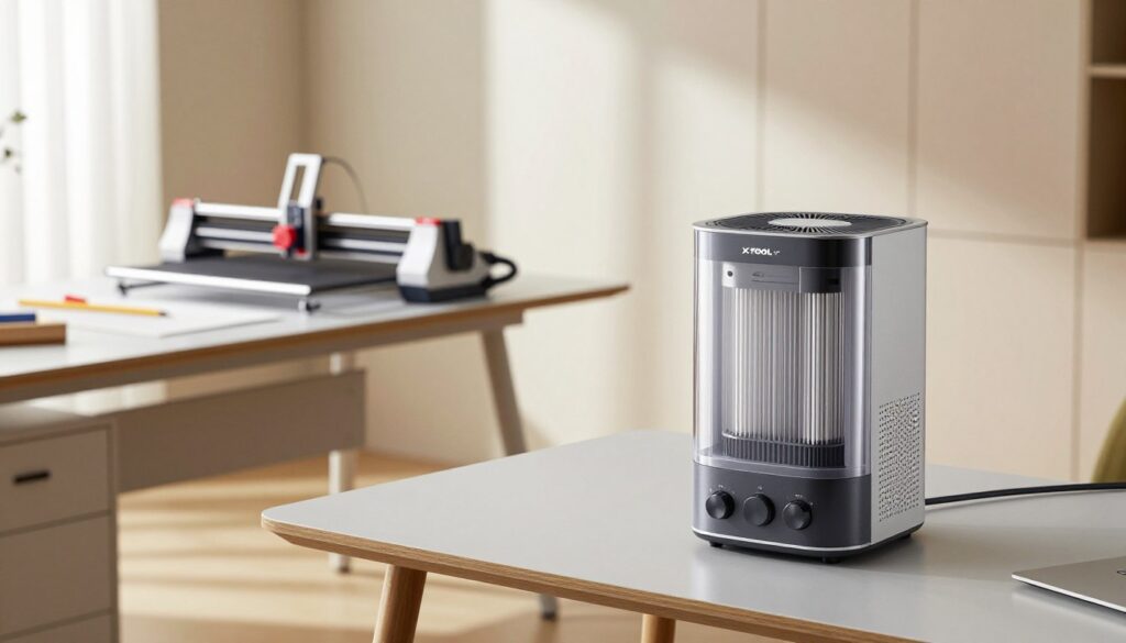 An elegant workspace featuring the xTool Smoke Purifier prominently on a sleek table, set against a light and airy room filled with natural sunlight. In the foreground, the purifier exhibits its modern design with clear details on the filtration system and operational knobs. In the middle ground, an artist's workspace is organized with clean surfaces, a laser cutting machine, and scattered materials, suggesting a creative yet professional environment. The background shows a wall with light-colored cabinetry, adding depth without distraction. Use soft, diffused lighting to create an inviting atmosphere, highlighting the efficiency and functionality of the smoke purifier. The angle should be slightly elevated, capturing the device in action, minimizing any clutter, and emphasizing a sense of order and efficiency. An elegant workspace featuring the xTool Smoke Purifier prominently on a sleek table, set against a light and airy room filled with natural sunlight. In the foreground, the purifier exhibits its modern design with clear details on the filtration system and operational knobs. In the middle ground, an artist's workspace is organized with clean surfaces, a laser cutting machine, and scattered materials, suggesting a creative yet professional environment. The background shows a wall with light-colored cabinetry, adding depth without distraction. Use soft, diffused lighting to create an inviting atmosphere, highlighting the efficiency and functionality of the smoke purifier. The angle should be slightly elevated, capturing the device in action, minimizing any clutter, and emphasizing a sense of order and efficiency.