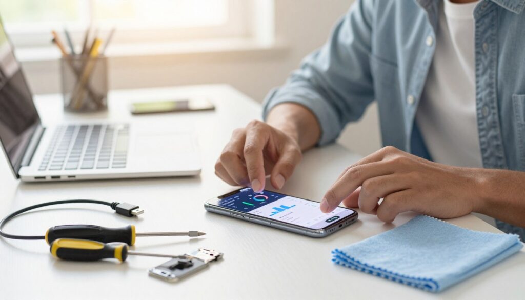 An informative workspace depicting troubleshooting techniques for smartphone performance. In the foreground, a modern smartphone displaying a performance stats screen with graphs and monitoring tools. Surrounding the phone, various tools like a screwdriver, a USB cable, and a cleaning cloth, symbolizing repair and maintenance. In the middle ground, a professional person in casual business attire, focused on the phone, analyzing its performance metrics. The background features a clean, minimalistic desk with a soft-focus laptop and smartphone accessories, illuminated by warm, natural lighting from a nearby window. The overall mood is one of calm problem-solving and efficiency, evoking a sense of clarity and professionalism in a tech-savvy environment.