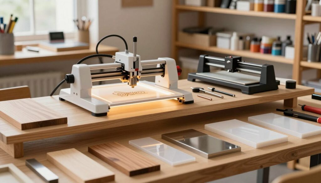 An organized workspace showcasing a variety of top craft blanks ideal for laser engraving. In the foreground, display several types of blanks, such as wood, acrylic, and metal in various shapes and sizes. The middle layer features a well-lit rotary engraver and tools like a laser cutter, with some engraved samples to demonstrate the quality of work possible. The background captures a cozy workshop environment with wooden shelves filled with supplies, including paints, and engraving materials. Soft, natural light streams in through a window, creating a warm and inviting atmosphere. The overall mood reflects creativity and professionalism, perfect for a laser engraving business startup. High-quality detail and focus on textures of the blanks enhance the visual appeal. An organized workspace showcasing a variety of top craft blanks ideal for laser engraving. In the foreground, display several types of blanks, such as wood, acrylic, and metal in various shapes and sizes. The middle layer features a well-lit rotary engraver and tools like a laser cutter, with some engraved samples to demonstrate the quality of work possible. The background captures a cozy workshop environment with wooden shelves filled with supplies, including paints, and engraving materials. Soft, natural light streams in through a window, creating a warm and inviting atmosphere. The overall mood reflects creativity and professionalism, perfect for a laser engraving business startup. High-quality detail and focus on textures of the blanks enhance the visual appeal.