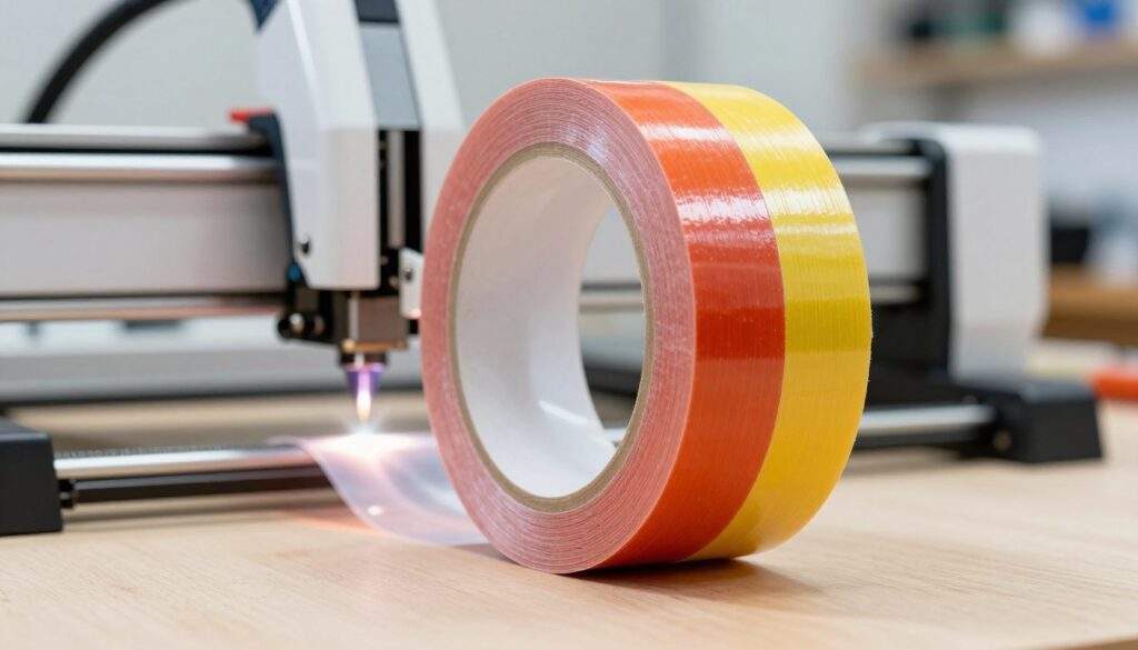 Close-up of a roll of laser masking tape, prominently displayed in the foreground, showcasing its vibrant color and glossy finish, ideal for clean laser cuts. The tape should appear slightly unwound, highlighting its texture and adhesive side. In the middle ground, a precision laser cutter is in action, with a focus on the sharp beam illuminating the tape on a wood surface, demonstrating its functional use. The background should feature a well-organized workshop environment, softly blurred, to convey a professional atmosphere. Bright, even lighting enhances the clarity of the scene, and a shallow depth of field emphasizes the tape and laser cutter, creating a sense of focus on the subject. The overall mood should be one of innovation and practicality, perfect for illustrating effective use in material cutting. Close-up of a roll of laser masking tape, prominently displayed in the foreground, showcasing its vibrant color and glossy finish, ideal for clean laser cuts. The tape should appear slightly unwound, highlighting its texture and adhesive side. In the middle ground, a precision laser cutter is in action, with a focus on the sharp beam illuminating the tape on a wood surface, demonstrating its functional use. The background should feature a well-organized workshop environment, softly blurred, to convey a professional atmosphere. Bright, even lighting enhances the clarity of the scene, and a shallow depth of field emphasizes the tape and laser cutter, creating a sense of focus on the subject. The overall mood should be one of innovation and practicality, perfect for illustrating effective use in material cutting.